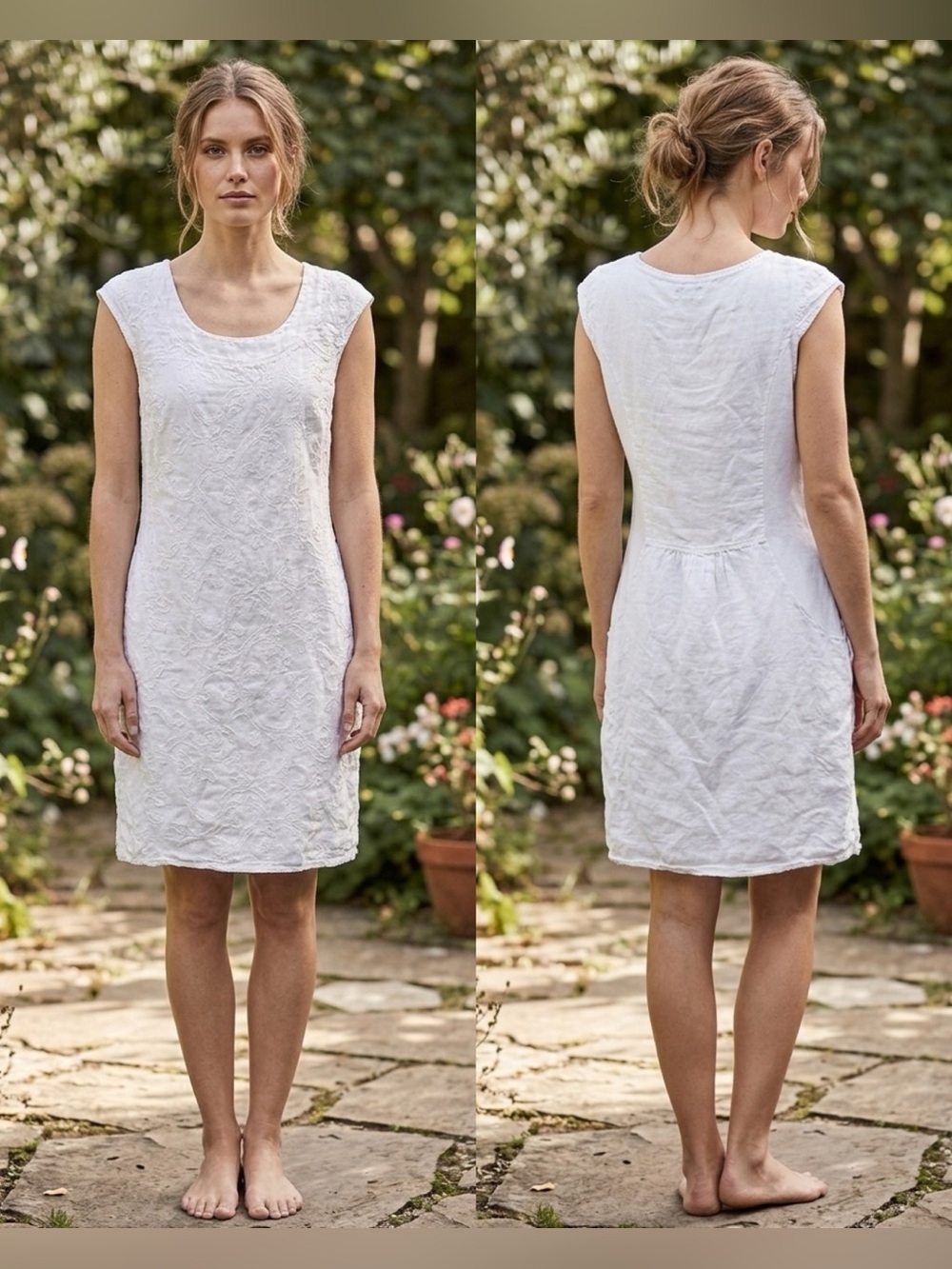 Lina Tomei Linen 100% Italian Linen Lagenlook Embroidered White Dress , size S